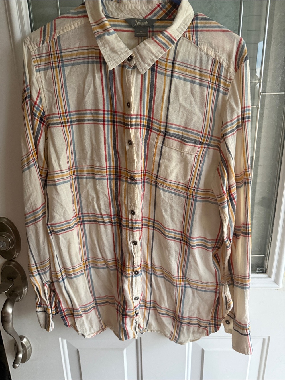 Natural Reflections Cream Plaid Button-Up Shirt - Women Casual Long Sleeve 0130